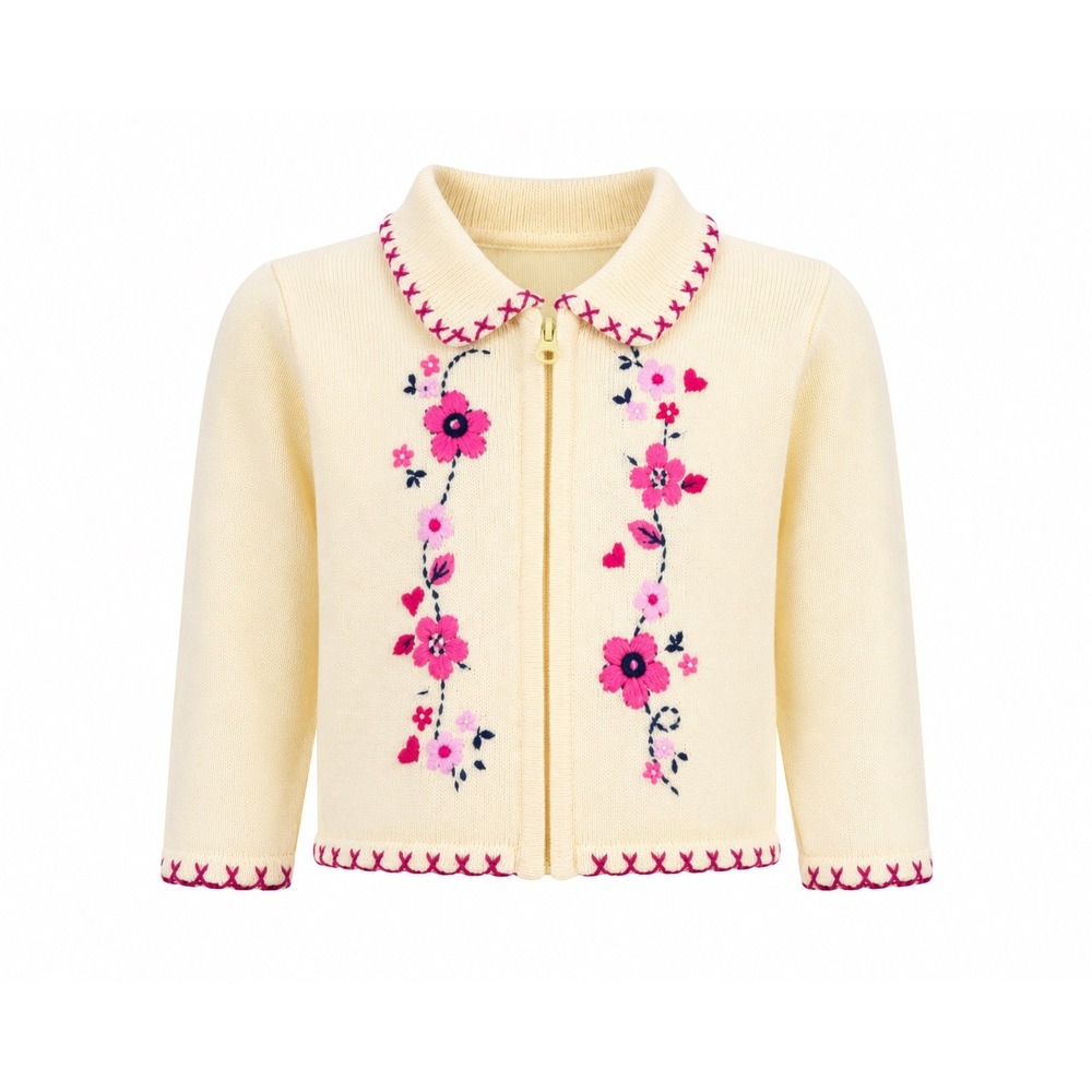 Kiks Yellow Floral Embroidered Zip Up Knit Cardigan Sweater Girls 3T grandmacore
